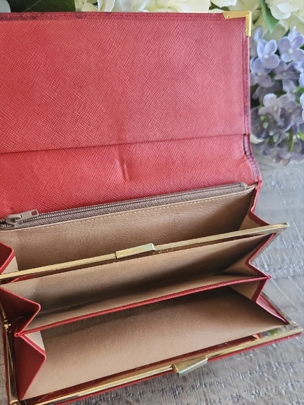 Givenchy Red Textured Leather Long Wallet with Gold Corner Accents